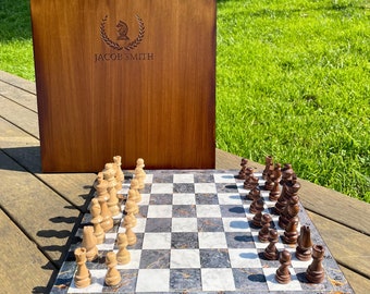 Personalised Wooden Chess Set 12/15&quot; - 30/37 Cm, Walnut-Marble Pattern Chess Board and Solid Wood Chessmen, Custom Chess Set Birthday Gift