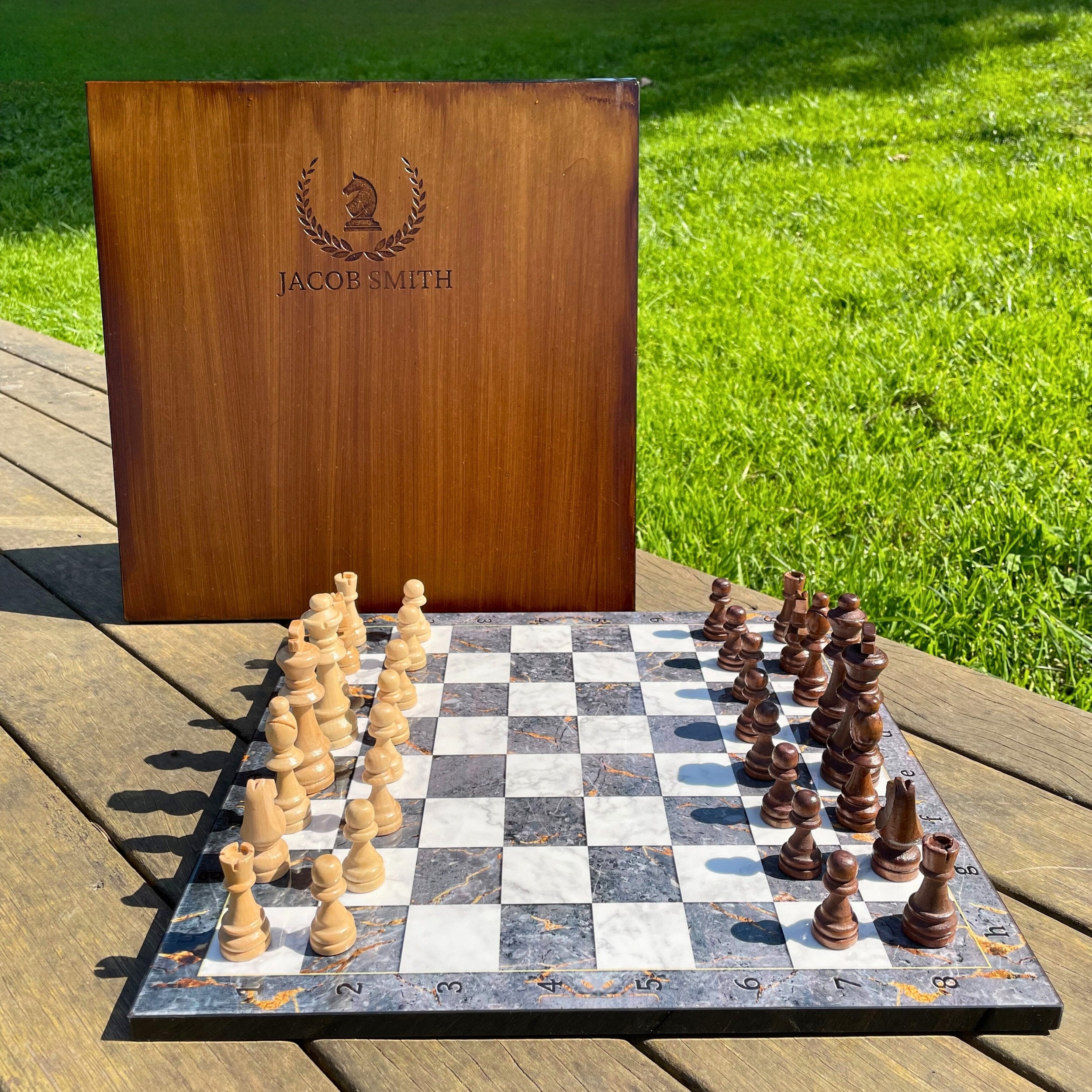 Personalised Wooden Chess Set 12/15" - 30/37 Cm, Walnut-Marble Pattern Chess Board and Solid Wood Chessmen, Custom Chess Set Birthday Gift