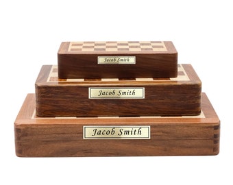 Personalized Magnetic Wooden Chess Set: Foldable Travel Board with Brass Plate