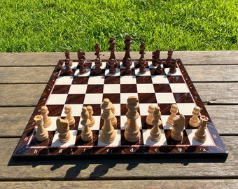 Jeu d'échecs personnalisé 12/15" - 30/37 cm, échiquier à motif noyer-marbre et pièces d'échecs en bois massif, jeu d'échecs en bois personnalisé cadeau d'anniversaire