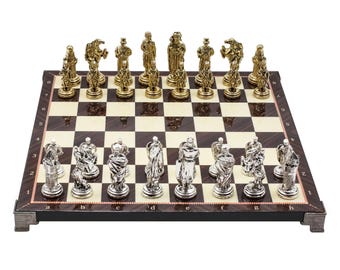 Custom Engraved Wooden Chess Board with Stands - Metal Chessmen, Birthday & Christmas Gift for Her Him - Roman, British, Mythology Themed