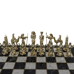 Metal Chess Set gift for him her - Marble & Mosaic Look Wooden Chess Board, Roman-British-Egyptian-Mythology-Hercules-Greek-Olympic Chess