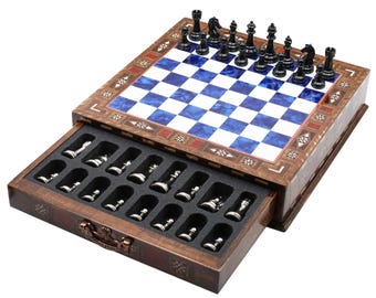 Staunton Metal Chess Set: Handmade Solid Inlay Wood Board with Storage