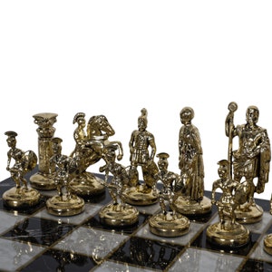 Medieval Metal Chess Set: Historical Roman Figures, Mosaic Board