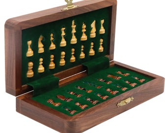 Faltbares magnetisches Schachspiel 18-25cm | Handgefertigtes Inlay-Schach aus Massivholz mit eingebautem Aufbewahrungsschach, Geburtstagsgeschenk für Sie und Ihn