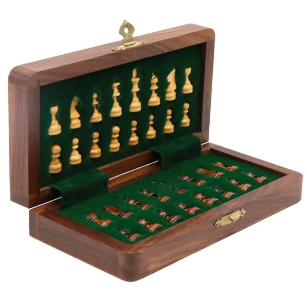 Faltbares magnetisches Schachspiel 18-25cm | Handgefertigtes Inlay-Schach aus Massivholz mit eingebautem Aufbewahrungsschach, Geburtstagsgeschenk für Sie und Ihn