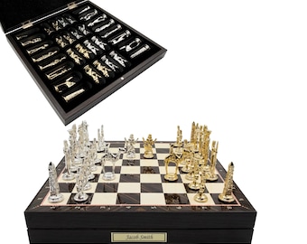 Personalized Roman, Greek, British, Ottoman Chess Set with In-Built Storage | Die Cast Metal Pieces