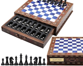 Handmade Inlay Wood Chess Set with Cast Metal Chessmen (13 inch)