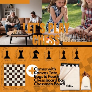 May include: A wooden chess set with black and white pieces on a black and white chessboard. The chessboard is 15 inches by 12 inches. The set comes with a canvas tote bag and a pouch for the chessboard and pieces. The text "Let's Play Chess" is written in large letters above the chessboard.