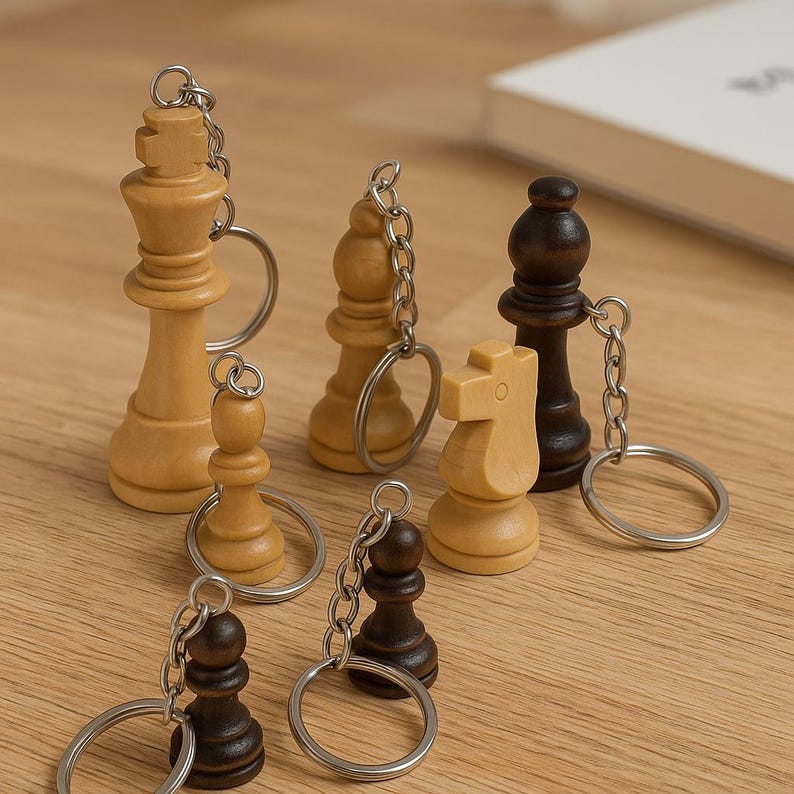 May include: A collection of chess piece keychains. The keychains feature various chess pieces, including a king, bishop, knight, and pawn. The pieces are in light and dark wood tones, attached to silver keyrings.
