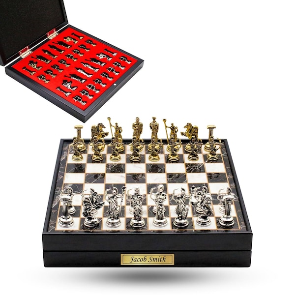 Juego de ajedrez personalizado temático histórico antiguo / Juego de ajedrez de metal decorativo de lujo de mitología griega Regalo de cumpleaños personalizado para él y ella