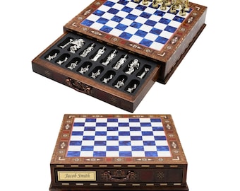 Handmade Metal Chess Set with Drawer: Historical Zamac Figures (13 inch)