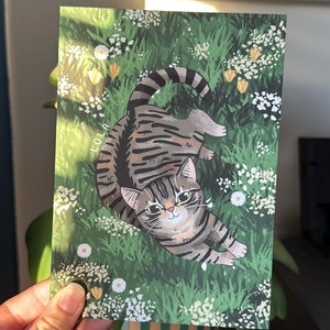 May include: A gray tabby cat with green eyes lies on its back in a field of white flowers and green grass. The cat's name, "LOLA", is written in white letters on the grass.