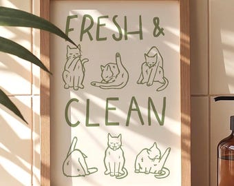 Fresh & Clean Cat Bathroom Wall Art, Funny Cat Poster for Bathroom Decor, Minimalist Cat Grooming Print, Cute Animal Wall Art for Pet Lovers