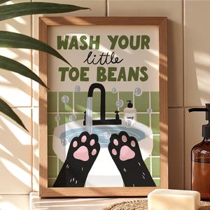 Lavez votre petit orteil, impression de haricots, décoration de salle de bain chat mignon, cadeau pour amoureux des chats, art mural drôle pour animal de compagnie, affiche de salle de bain esthétique, sans cadre