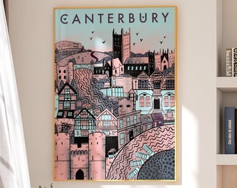 Canterbury Illustrated Print (5x7 inch, A4, A3), Beautiful Kent Collage, Colourful Modern Wall Art, Unframed