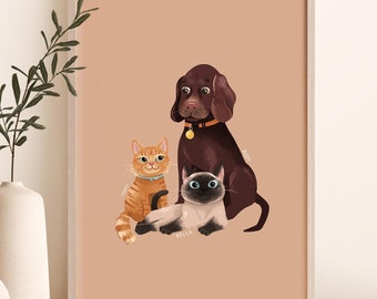 Customised Pet Portrait Print, Hand-illustrated Pets from Photo, Personalised Cat and Dog Portrait Wall Art, Designed by Leanne, Unframed