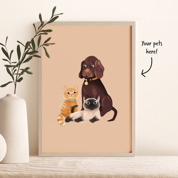 Customised Pet Portrait Print, Hand-illustrated Pets from Photo, Personalised Cat and Dog Portrait Wall Art, Designed by Leanne, Unframed