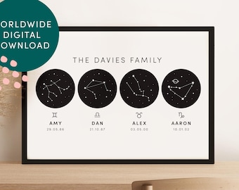 May include: A black and white printable digital download featuring the constellation star signs for the Davies family. The constellations are displayed in circles with the names Amy, Dan, Alex, and Aaron, along with their birthdates.