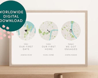 Personalised Map Print (Digital), Custom Special Places, Beautiful New Home Map Art, House Warming Gift 2, 3 or 4 places, Unframed