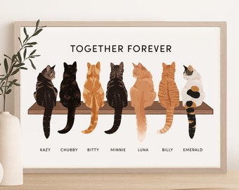 Custom Cat Portrait Print (A4, A3, A2, 5x7), Beautiful Wall Art of Cats On a Shelf, Cat Mum Gifts for Her, Personalised Cat Painting