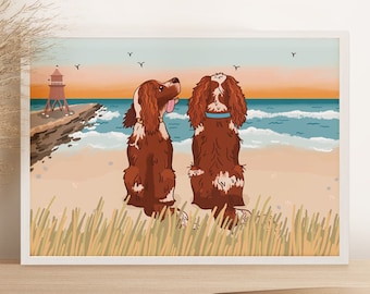 Personalised Dog Beach Print (A4, A3, A2, 5x7), Custom Wall Art of Custom Dogs looking at Seaside, Unframed