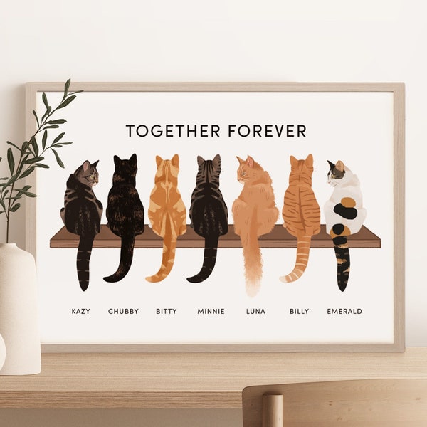 Personalised Cat Portrait Print (A4, A3, A2, 5x7), Beautiful Wall Art of Cats On a Shelf, Designed by Leanne, Unframed