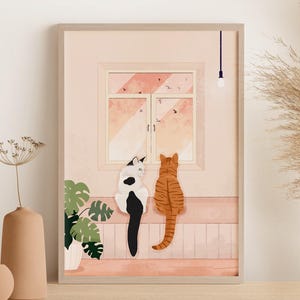 Personalised Cat Print, Beautiful Cat Wall Art of Cats Looking at Birds in Window, Custom Cat Painting, Cat Portrait Memorial Gift, Unframed