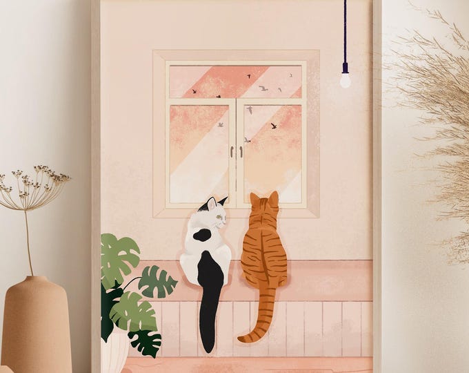 Personalised Cat Portrait Print, Custom Cat Lover Wall Art, Hand-Drawn Pet Illustration, Aesthetic Home Decor, Unframed