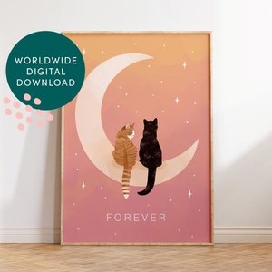 Personalised Cat on Moon Print (digital), Beautiful Wall Art of Custom Cats Sitting on the Moon with Stars, Designed by Leanne, Unframed