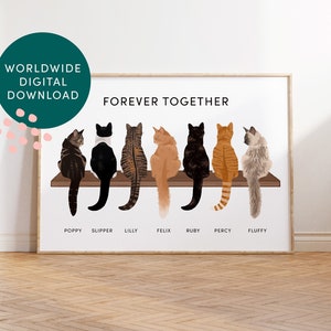Personalised Cat Portrait Print (Digital), Beautiful Wall Art of Cats On a Shelf, DesignedByLeanne