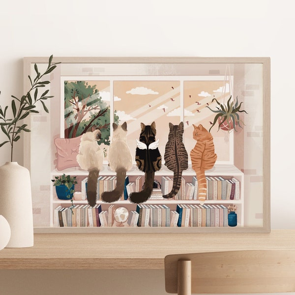 Personalised Cat Window Print (A4, A3, A2, 5x7), Beautiful Wall Art of Cats On a Bookcase Looking at Birds, Designed by Leanne, Unframed