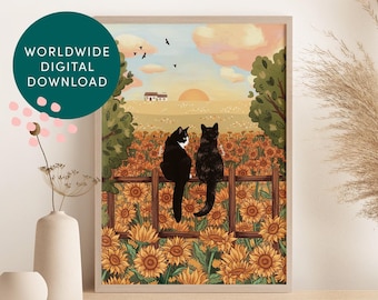 Personalised Cat Sunflower Portrait Print (Digital Printable File), Beautiful Wall Art of Customised Cats in a Sunflower Field