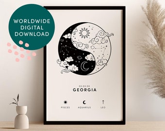 Personalised Zodiac Print (Digital), Birth Chart Constellation, Sun and Moon Sign, Art, Birthday, Astrology, Gifts for Her