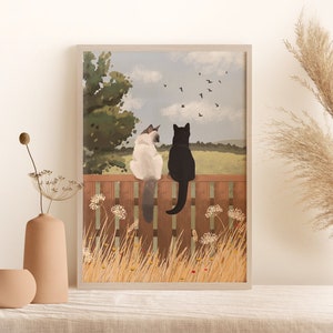 Personalised Cat Portrait Print (A4, A3, A2, 5x7), Beautiful Wall Art, Cats Sitting on Fence in  Countryside, Designed by Leanne, Unframed