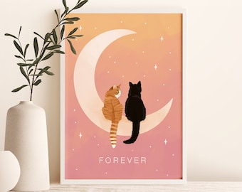 Personalised Cat on Moon Print (A4, A3, 5x7), Beautiful Wall Art of Cats Sitting on the Moon, Starry Night Sky, Designed by Leanne, Unframed