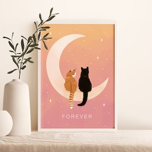 Personalised Cat on Moon Print (A4, A3, 5x7), Beautiful Wall Art of Cats Sitting on the Moon, Starry Night Sky, Designed by Leanne, Unframed