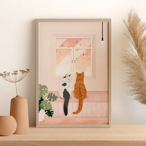 Impression personnalisée de portrait de chat (A4, A3, A2, 5 x 7), belle oeuvre d'art murale de chats regardant des oiseaux à l'extérieur de la fenêtre, conçue par Leanne, sans cadre