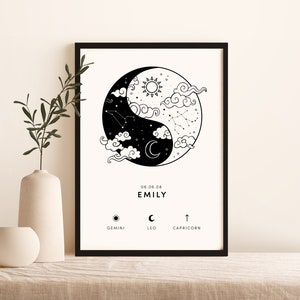 Personalized Zodiac Yin Yang Print (A4, A3, 5x7, digital) - Custom Astrology Art - Sun, Moon, Ascending Signs - Birth Chart Gift - Unframed