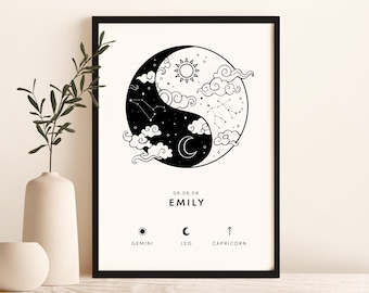 Personalized Zodiac Yin Yang Print (A4, A3, 5x7, digital) - Custom Astrology Art - Sun, Moon, Ascending Signs - Birth Chart Gift - Unframed