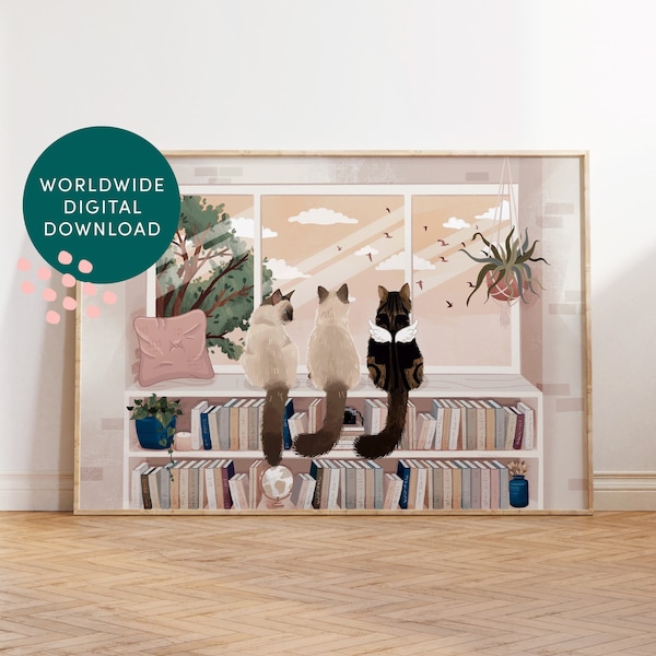 Personalised Cat Window Print (Digital), Beautiful Wall Art of Cats on a Bookcase Looking at Birds, DesignedByLeanne