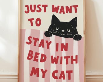Kunstprint grappige kat: luie kat in bed - gezellige slaapkamerdecoratie