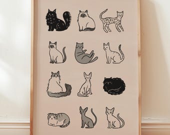 Cat Breeds Wall Art Print: Illustrated Cat Poster Gift for Cat Lovers, Unframed