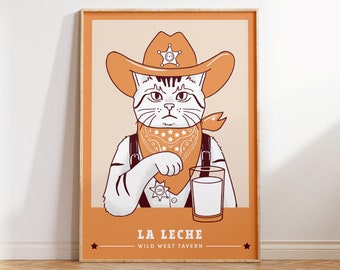 Cowboy Cat Print | Funny Cat Poster | Gallery Wall Art | Cowboy Cat Milk Poster | Sheriff Cat Print | Retro Drink Poster | Leche Cat Art