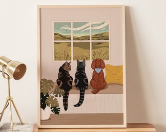 Personalised Cat and Dog Print (A4, A3, 5x7), Beautiful Wall Art of Pets Looking at Birds Outside Window, Designed by Leanne, Unframed