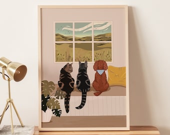 Personalised Cat and Dog Print (A4, A3, 5x7), Beautiful Wall Art of Pets Looking at Birds Outside Window, Designed by Leanne, Unframed