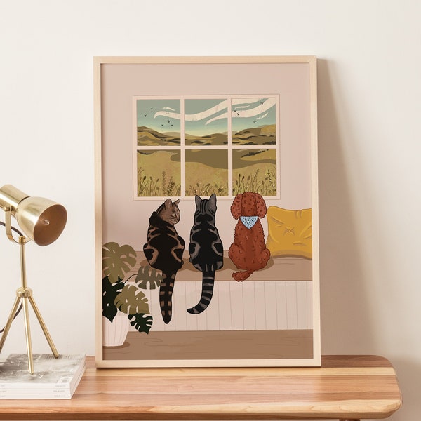 Personalisierter Katzen und Hunde Druck (A4, A3, 5x7), Schöne Wandkunst von Haustieren, die Vögel vor dem Fenster betrachten, entworfen von Leanne, ohne Rahmen