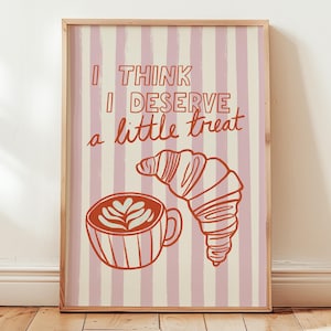 Aesthetic coffee and croissant print with vintage café vibes, framed in a wooden frame, perfect for kitchen and coffee bar decor.