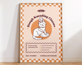 Dough Kneading Classes Cat Poster, (A4, A3, A2, 5x7), Fun Illustrated Cat Baking Lessons Wall Art, 5 Colour Options, Unframed