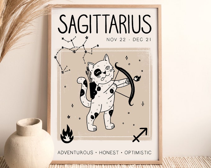 Sagittarius Cat Astrology Print: Boho Zodiac Wall Art, Unframed